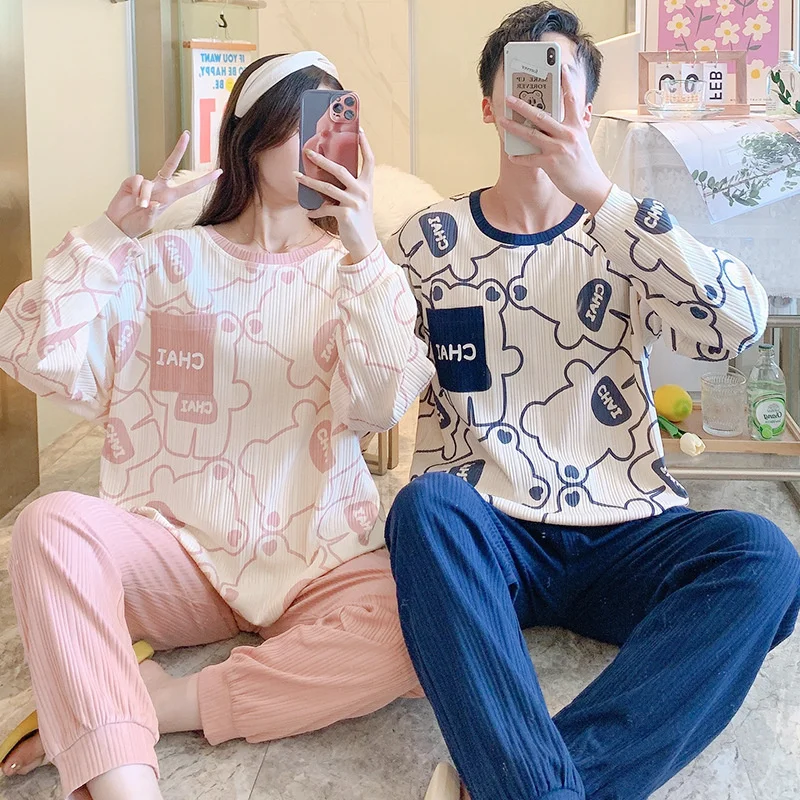 Cute Cartoon Sleepwear Cotton Pajamas Couple Long Sleeves Pajamas Suit Pajama Women Men Lounge wear Plus Size Home Clothe
