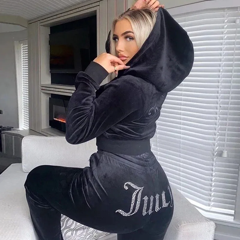 Personalized velvet hooded rhinestone long sleeved top+elastic waist wide leg pants autumn winter womens fashionable sports suit