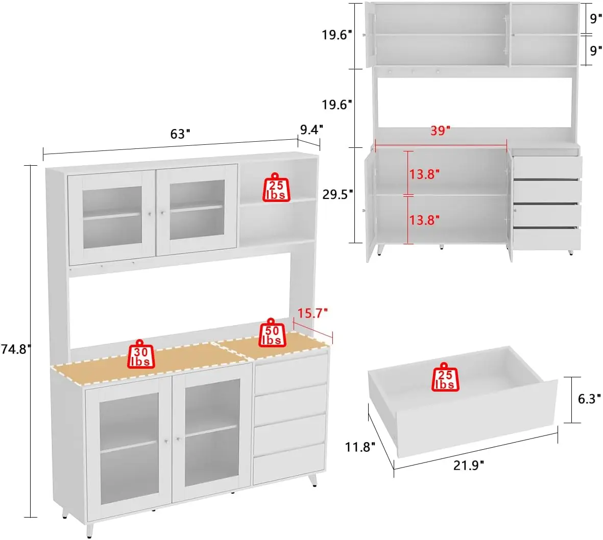 Large Kitchen Hutch Cabinet, Storage Cupboard Pantry with 4 Glass Doors, 4 Drawers & Microwave Shelf, for Kitchen Open Storage