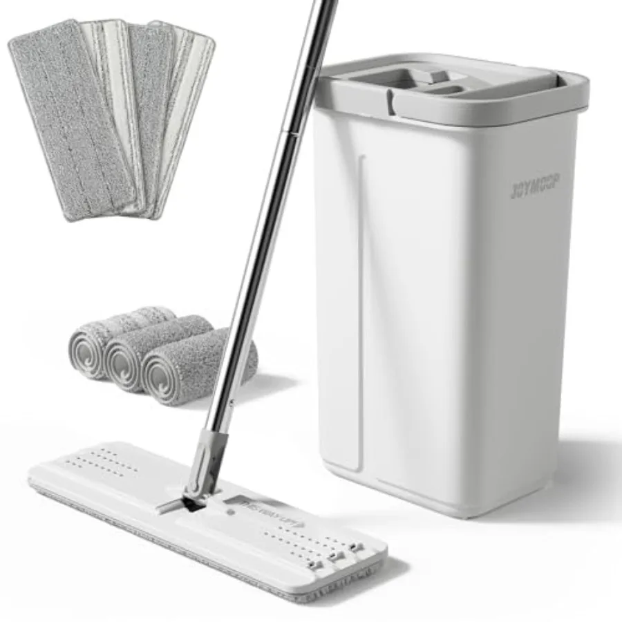 

50-inch Floor Mop and Bucket Set 13-inch Microfiber Flat Mop Replacement Pads 7pcs White