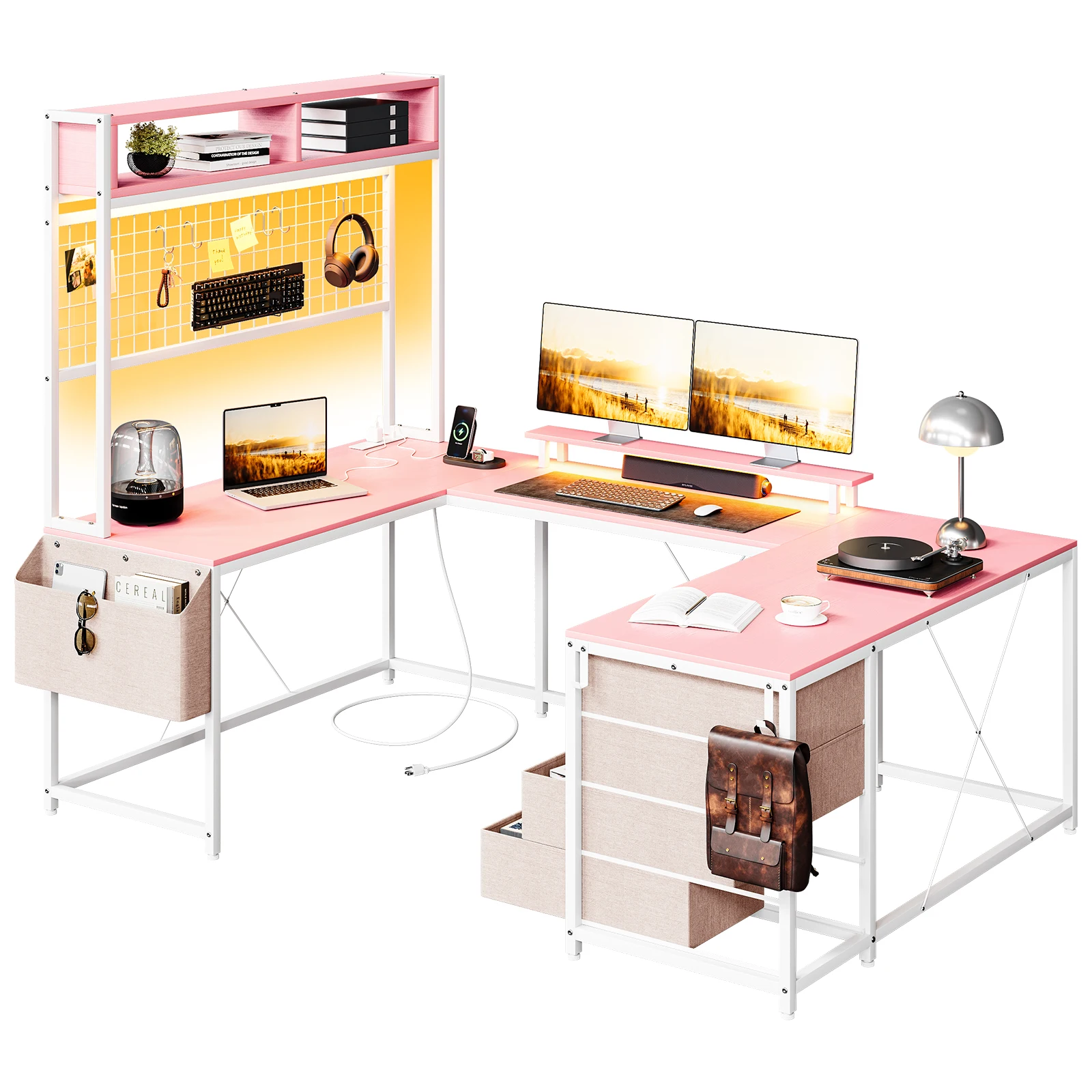 U Shaped Computer Desk with Monitor Stand and LED Lights, Computer Gaming Desk with Storage Shelves, Large U- Shape Desk