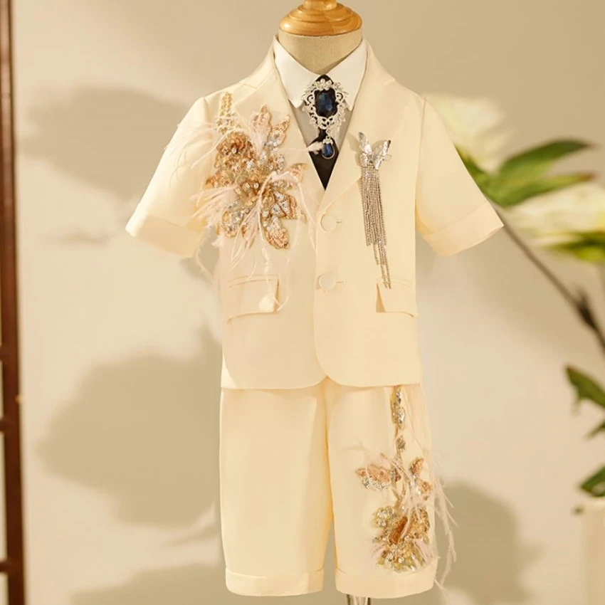 5PCS Kinder Formale Prom Anzüge Pailletten Design Hochzeit Geburtstag Party Abendkleid Kinder Klavier Leistung Kostüm Jungen Sets A2856 – Detail 3
