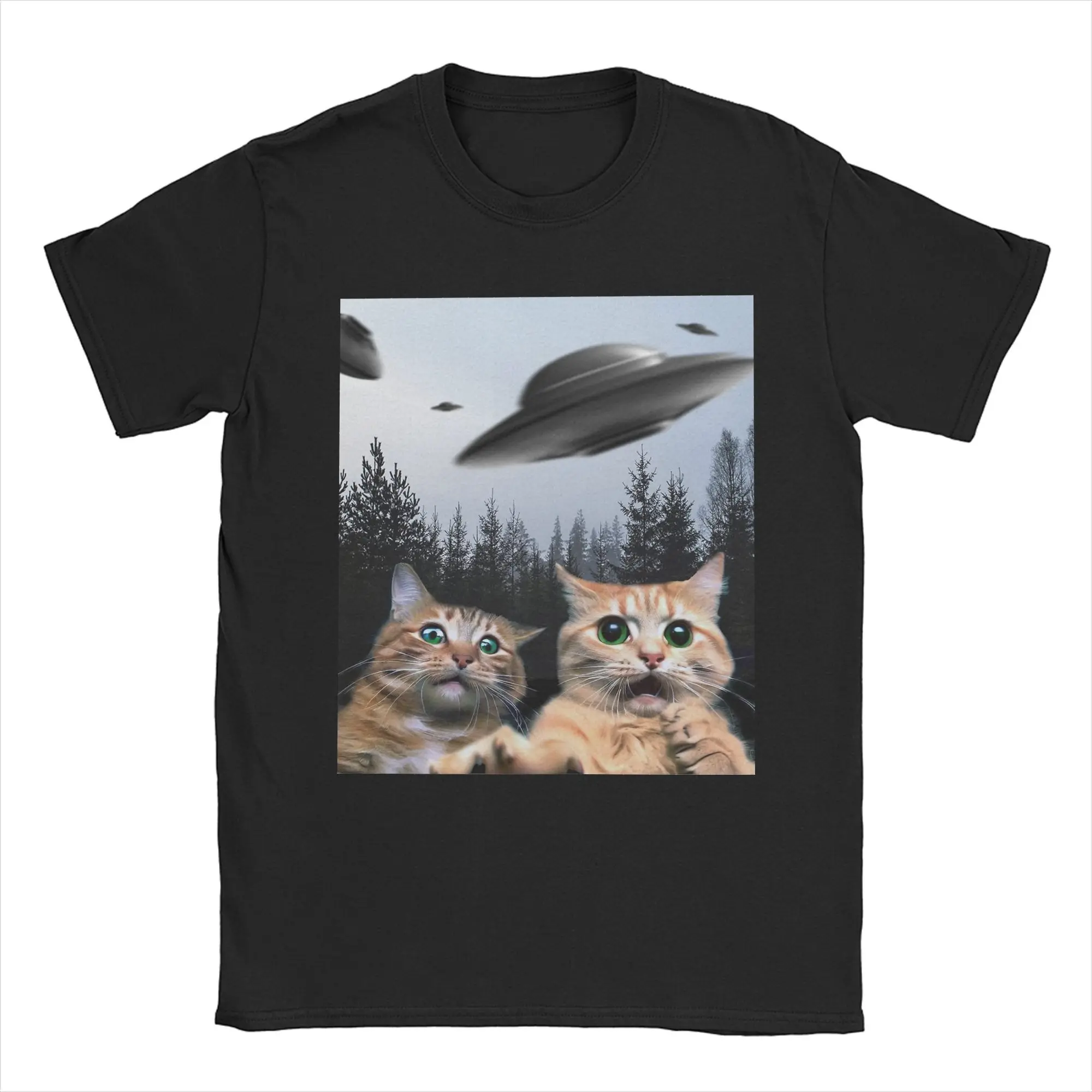 Men's T-Shirts Funny Cat Selfie with UFO Meme Funny Cotton Tee Shirt Short Sleeve  T Shirts Crewneck Clothes Printing