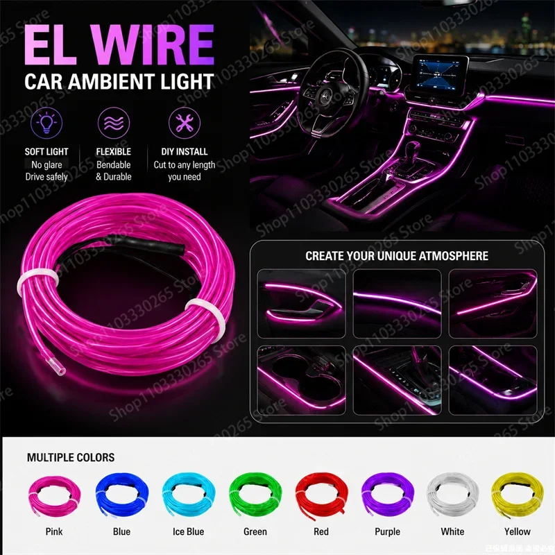 Multi Color EL Wire Car Ambient Lighting Strip Bendable Energy Saving Soft Glow DIY Interior Atmosphere Decoration Light Kit