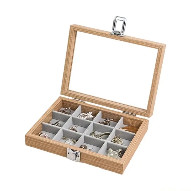 

D46E Wooden Jewelry Display Container with Protective Lid Necklace and Rings Organiser Dustproof Storage Box for Accessory