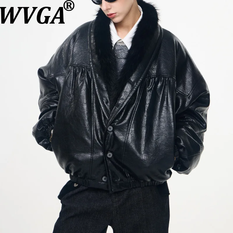 

WVGA осень-зима новый мужской меховой воротник модное короткое пальто нишевые шикарные повседневные утолщенные теплые кожаные куртки с длинными рукавами W14970