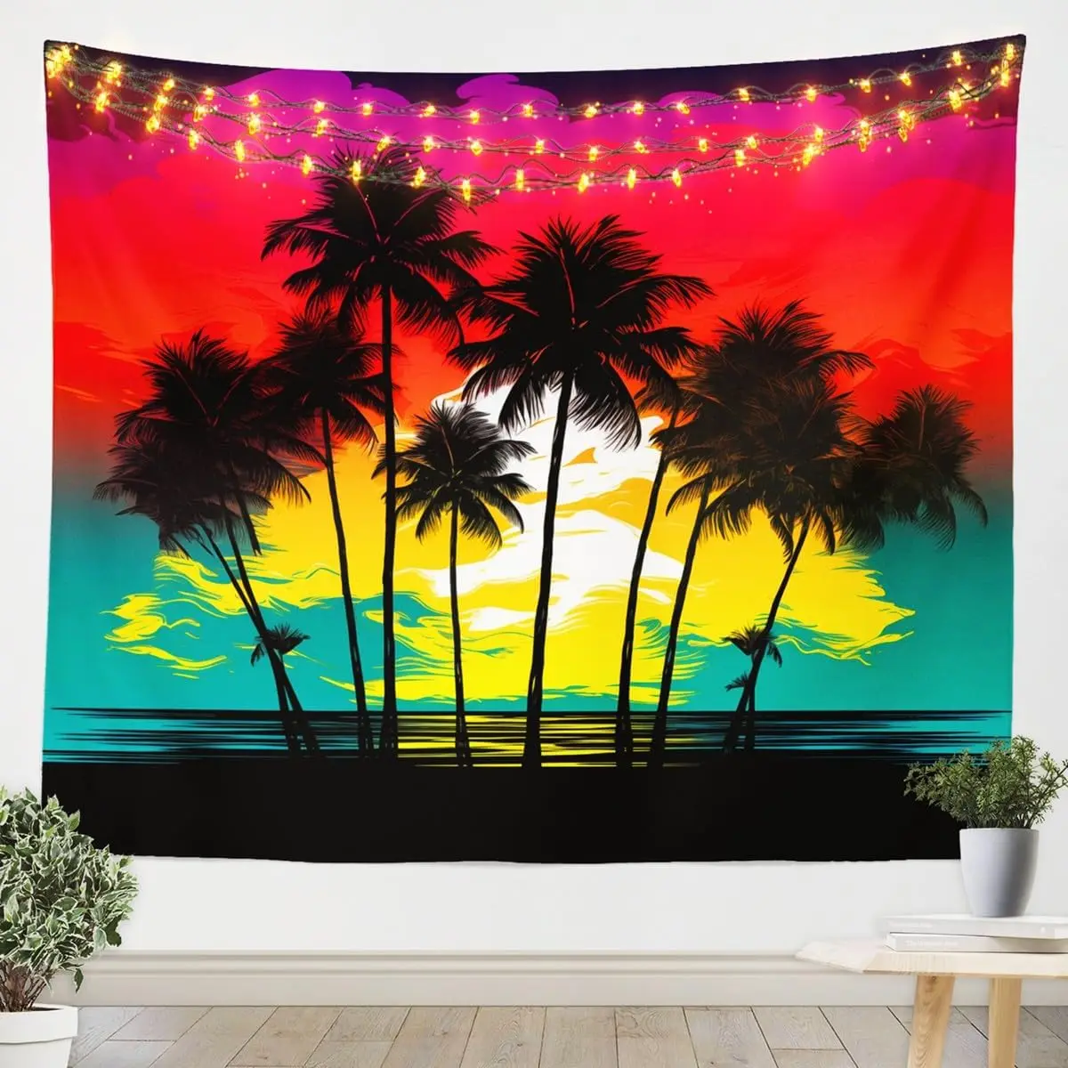 Tropical Sunset Palm Tree Tapestry for Kids And Adults,Sea Ocean Sunset Theme Wall Tapestry Purple And Orange Silhouette Sunset