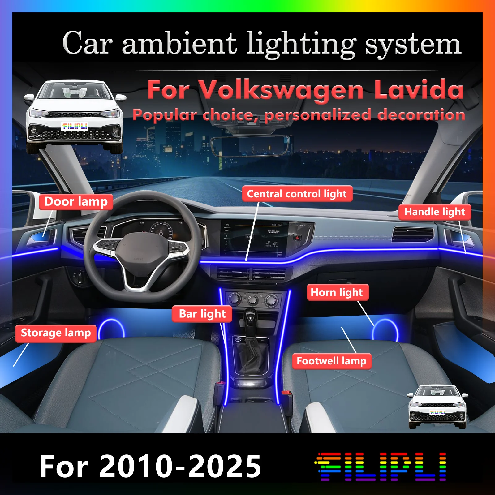 

For Volkswagen Lavida Car Interior Ambient Light RGB 64-Color LED Smart Remote Control Energy Saving Efficient Lamp Kit