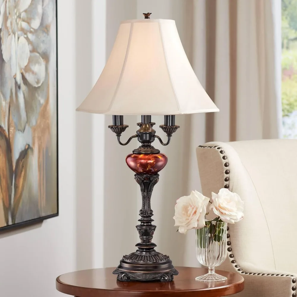 

Traditional Style Table Lamp 34" Tall English Bronze Brown Tortoise Shell Glass Off White Bell Shade Decor