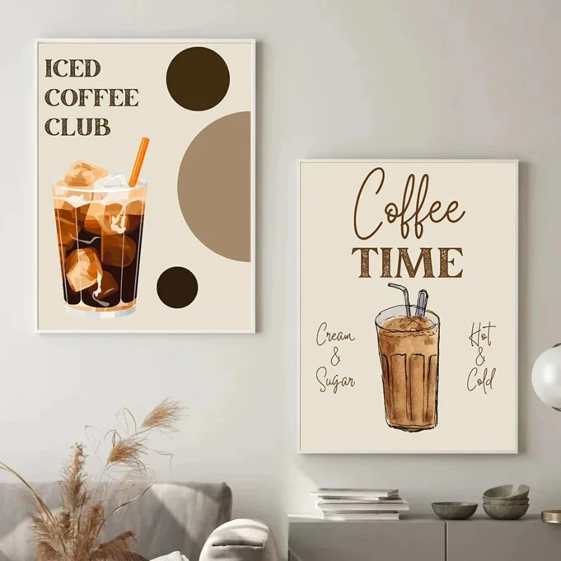 Vintage Iced Coffee Club Coffee Pot Beans Poster Canvas Painting Wall Art Pictures For Living Room Home Kitchen Cafe Decor
