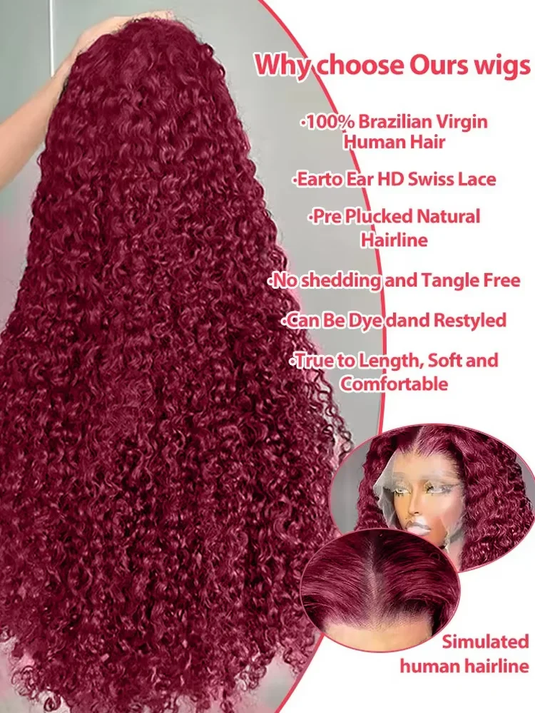 250 Density 13x4 Curly 99J Burgundy Lace Front Wig Red Wine 30 Inch Deep Wave Brazilian HD Glueless Lace Frontal Human Hair Wigs image 3