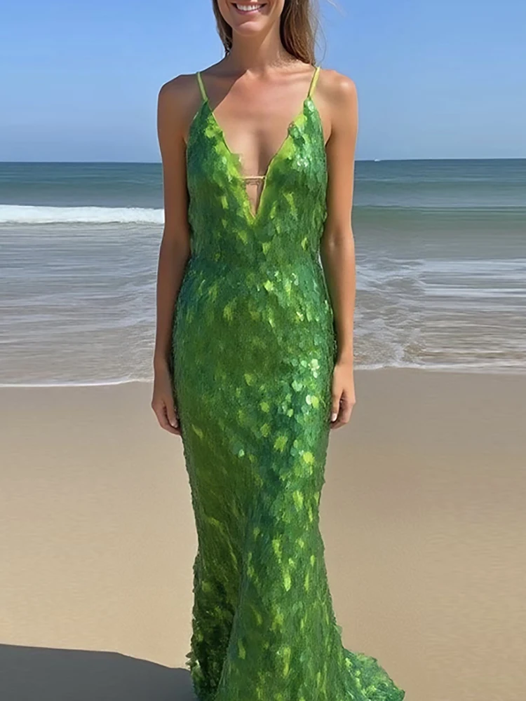 Nuevo vestido largo de lentejuelas brillantes con escote en V profundo y corte bajo, vestido de fiesta de cintura alta sin mangas a la moda, vestidos sexis ajustados multicolores