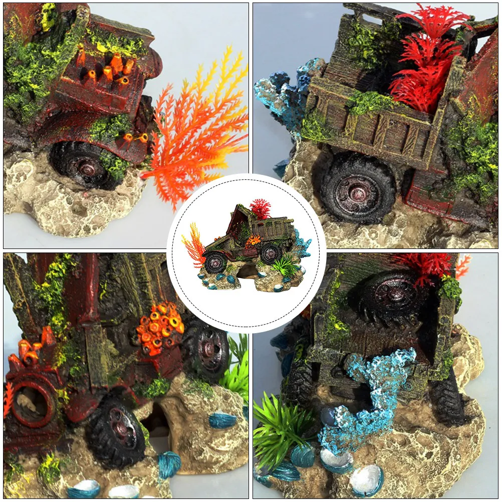 Realistic Coral Truck Aquarium Ornament – Safe Non-Fading Resin Fish Tank Decor for Shrimp & Fish