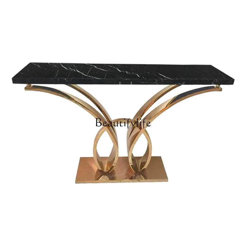 

03.Light luxury stainless steel entrance table, marble foyer mirror rose gold decoration case
