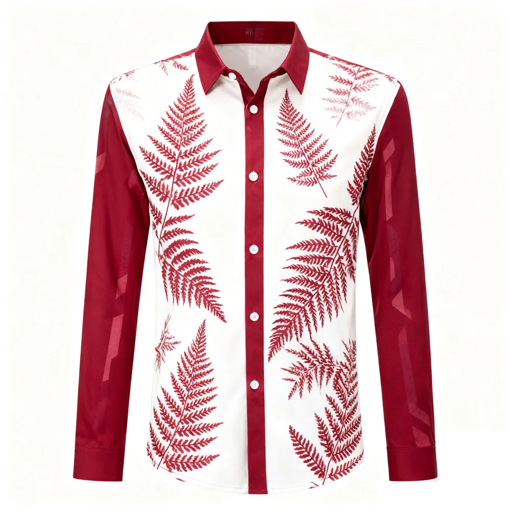 เสื้อเชิ้ตผู้ชายลายพืชธรรมชาติแบบใหม่ ผ้าเนื้อนุ่มยืดหยุ่นเล็กน้อย แขนยาว ปกเสื้อเชิ้ตแบบลาペル สไตล์ฮาวาย เหมาะสำหรับงานธุรกิจและงานปาร์ตี้
