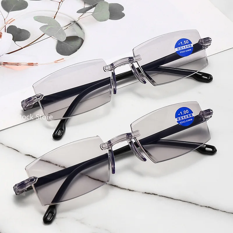 Rimless Bifocal Progressive Reading Glasses Men Women Near and Far Anti-blue Light Eyesglasses Vintage Prescription Eyewear