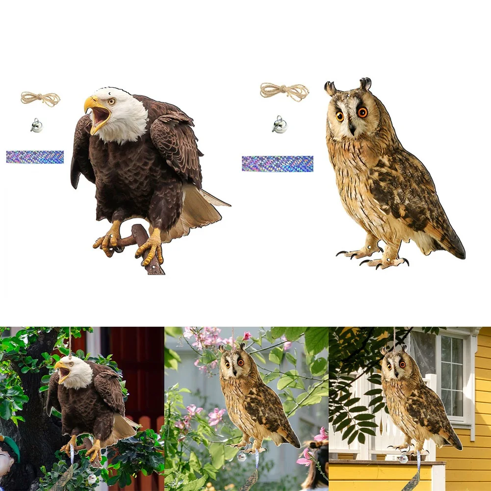 Simulation Owls With Bells Bird Repellent Decoy Hanging Fake Bird Scare Birds Control Away Home Garden Owl Outdoor Balcony Decor