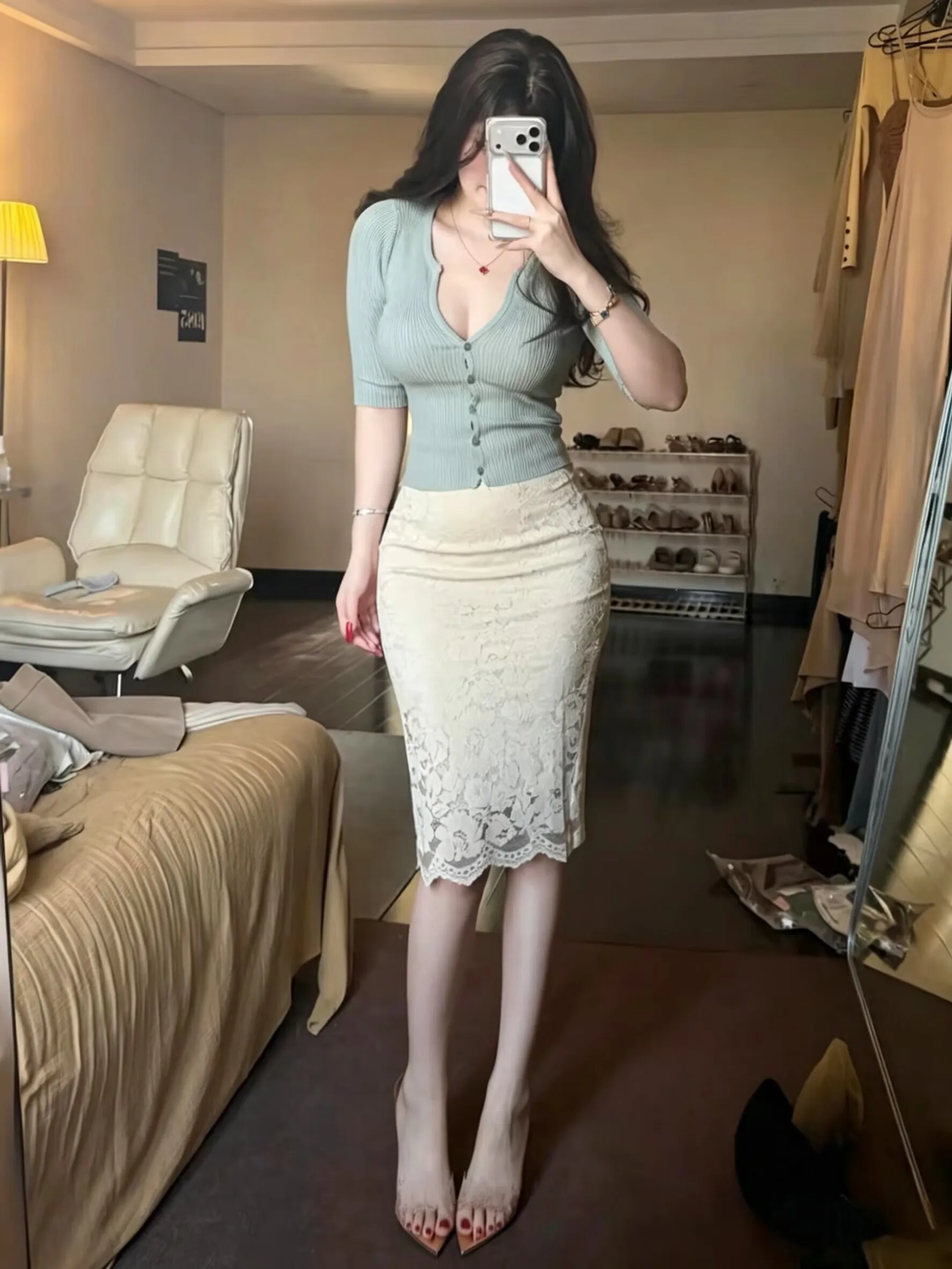 Slim Fit Knitted Top with Buttons High Waist Bodycon Lace Skirt Set Women's Fashion Spring Collection Elegant Sister Style