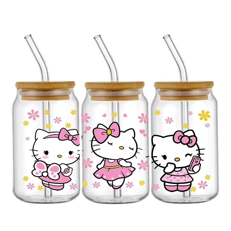 Cartoon Hello Kitty 16OZ UV DTF Cup Wraps Transfer Sticker trasferimenti impermeabili decalcomanie per adesivi avvolgenti in vetro da 16 once