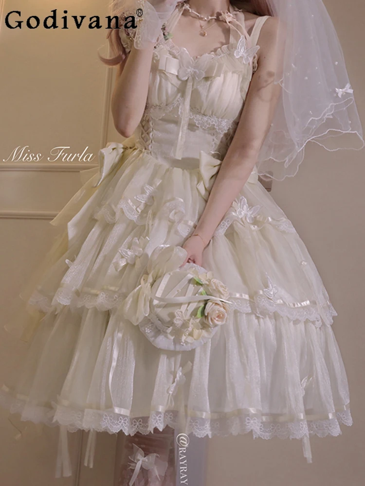 Sweet Lolita Lace Splicing Short Sleeve Suspender Princess Dresses Girls High Waist Fashion Versatile Age Reduction Cake Dress