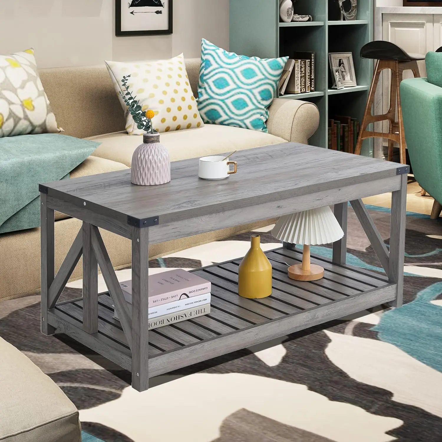 Sophia Coffee Table, Farmhouse Coffee Table with Slat Shelf and Corner Protection, 40 Inches, Washed Oak