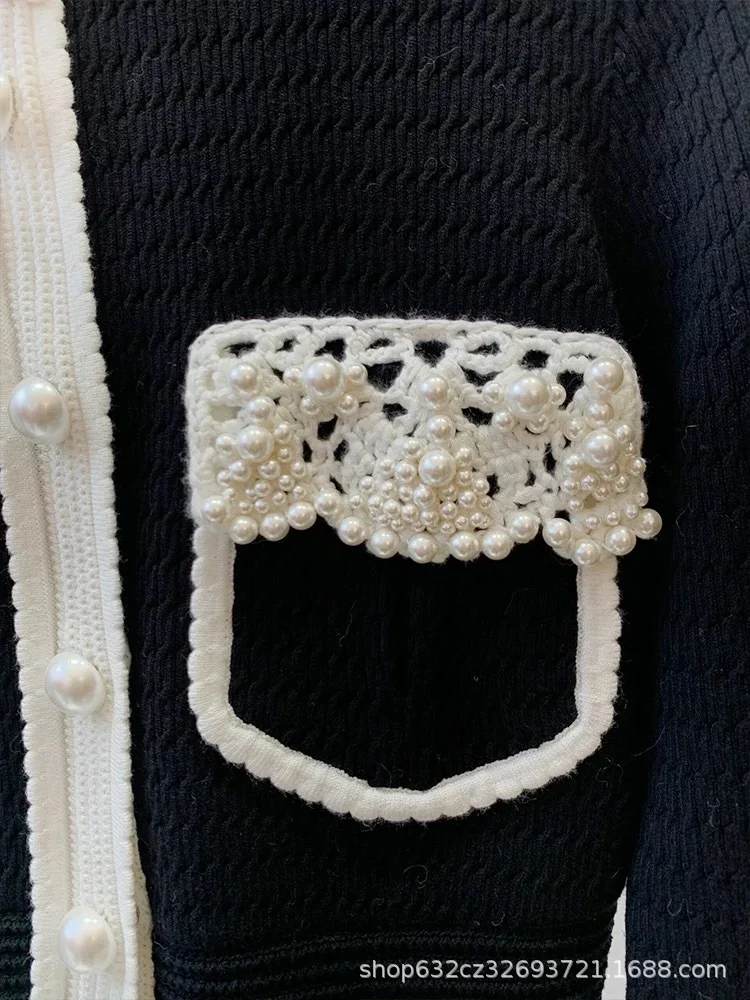Luxury Pearls Beaded Knitted Cardigan Spring Hooked Flowers Crocheted Sweater Coat Jacket Knitwear Jumpers Contrast Color Tops