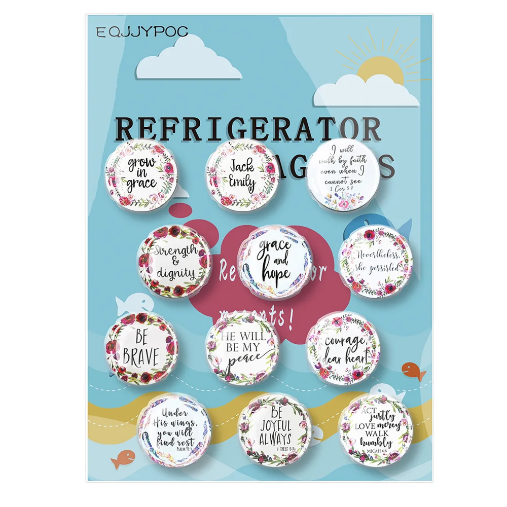 Holy Bible Verse Fridge Magnets Refrigerator Sticker Glass Cabochon Set Letter Home Decor Quote Religion Art Scripture 12pcs 3CM