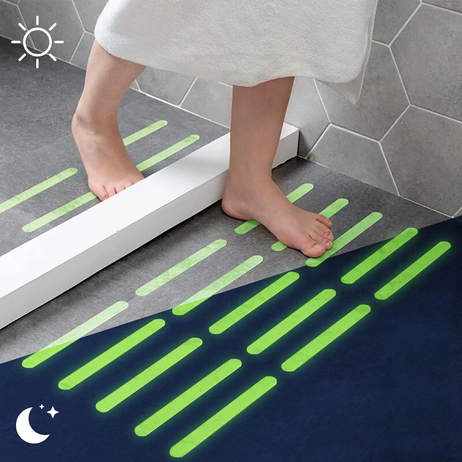 20 Pieces of Luminous Safety Anti-Slip Strips, 2cm X 25cm, No Cutting Required, Self-Adhesive, Glow in the Dark, Bathroom Bathtub Safety Anti-Slip Tape, Suitable for Indoor/Outdoor Stairs, Steps, Ladders, Boats, Swimming Pools