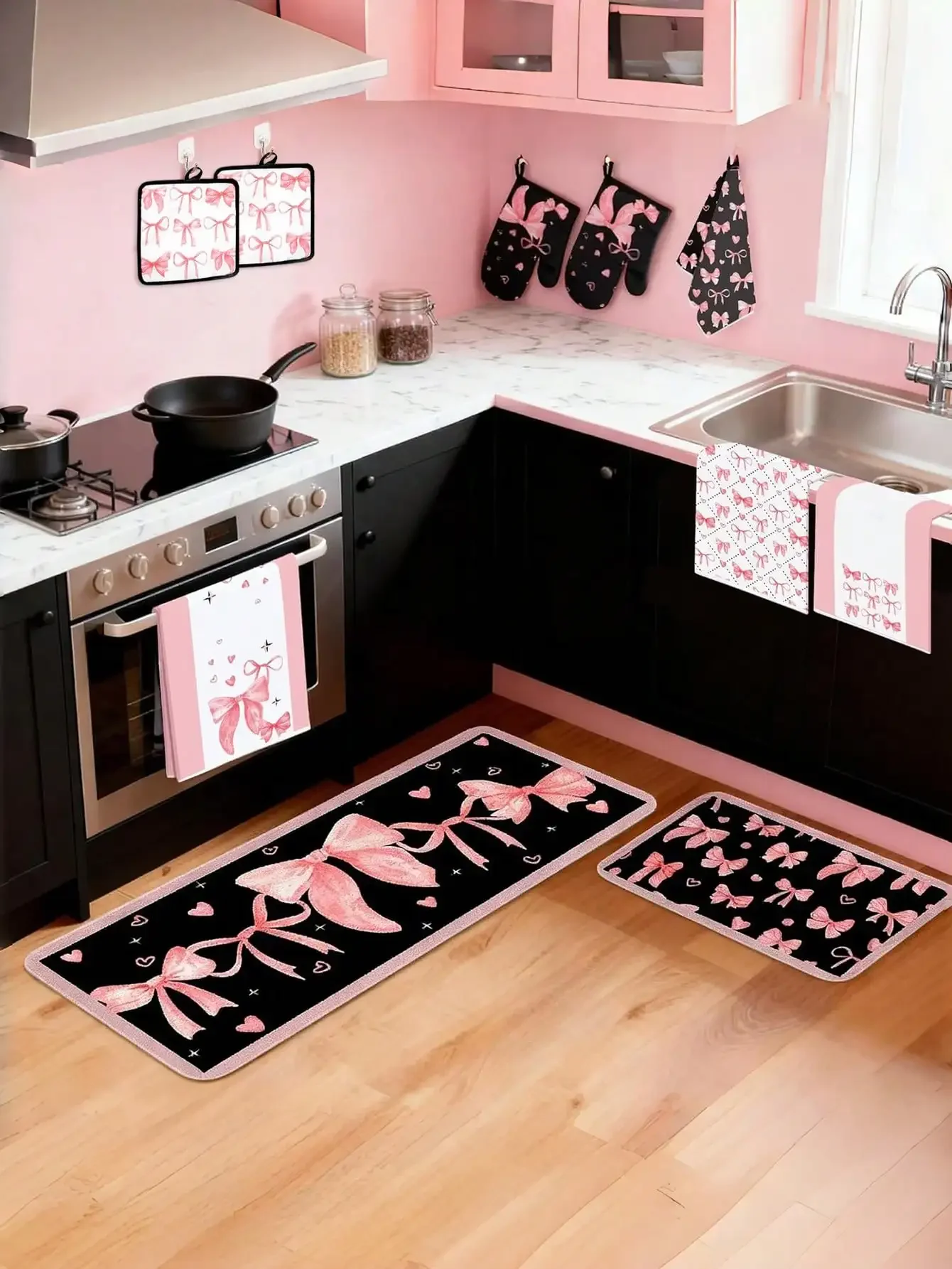 10PCS Pink Bow Kitchen Accessory Set, Including 4 Dishcloths, 2 Pot Mats, 2 Oven Mitts, And 2 Kitchen Rugs. Perfect For Bathroom, Kitchen, Cooking, Housewarming, Or Baking Gifts(PINK BLACK)