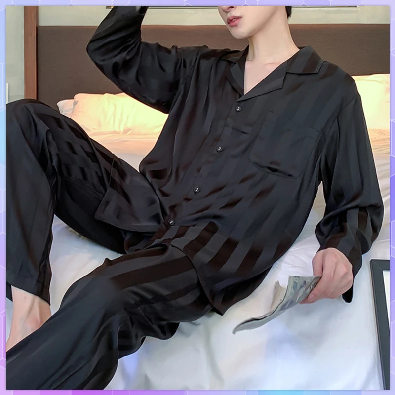 Casual Men Silk Pajamas Set Solid Striped Nightwear Sets Spring Autumn Pijamas Long-Sleeve Sleepwear Pyjamas For Male Пижама