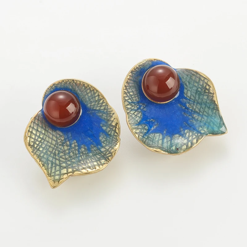 Vintage Big Enamel Blue Red Agate Earrings Stud Gold Color Leaves Natural Pomegranate Luxury Brand Designer Antique Jewelry