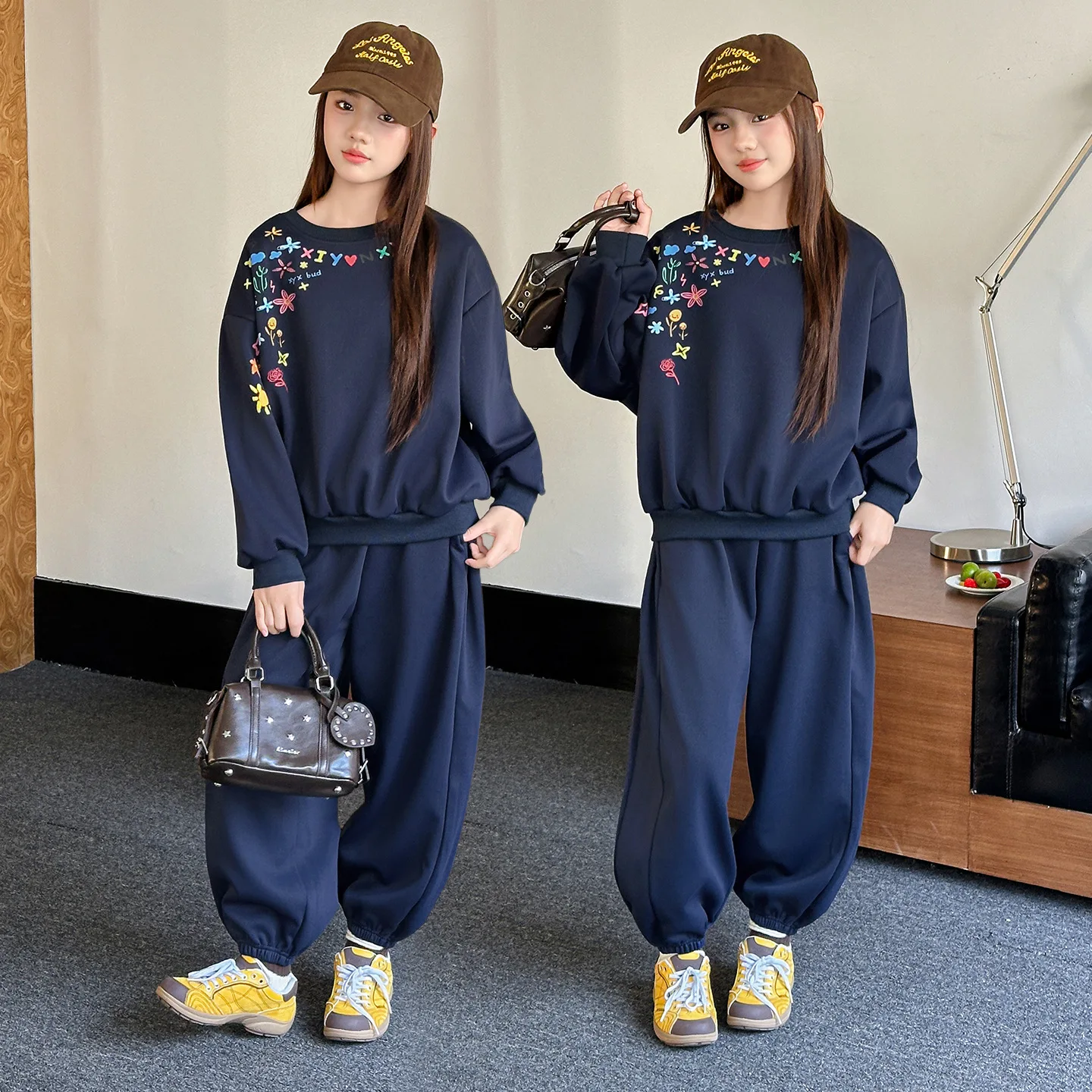 UNITIM Autumn Kid Girl 2PCS Clothes Set Colorful Foral Print Teens Girl Sweatshirt Suit 4-14Yrs Junior Girl Straight Pant Outfit