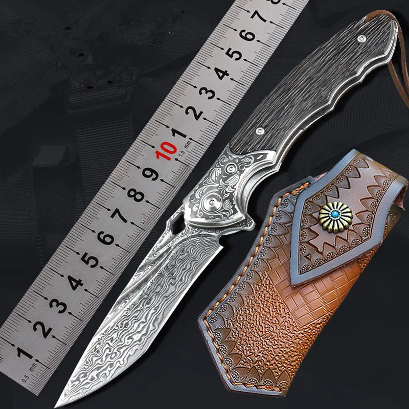 

Free Wolf DM02 Damascus Blade Folding Knife Ebony Handle Ball Bearing Utility Outdoor Camping Fishing EDC Hunting Pocket Knife