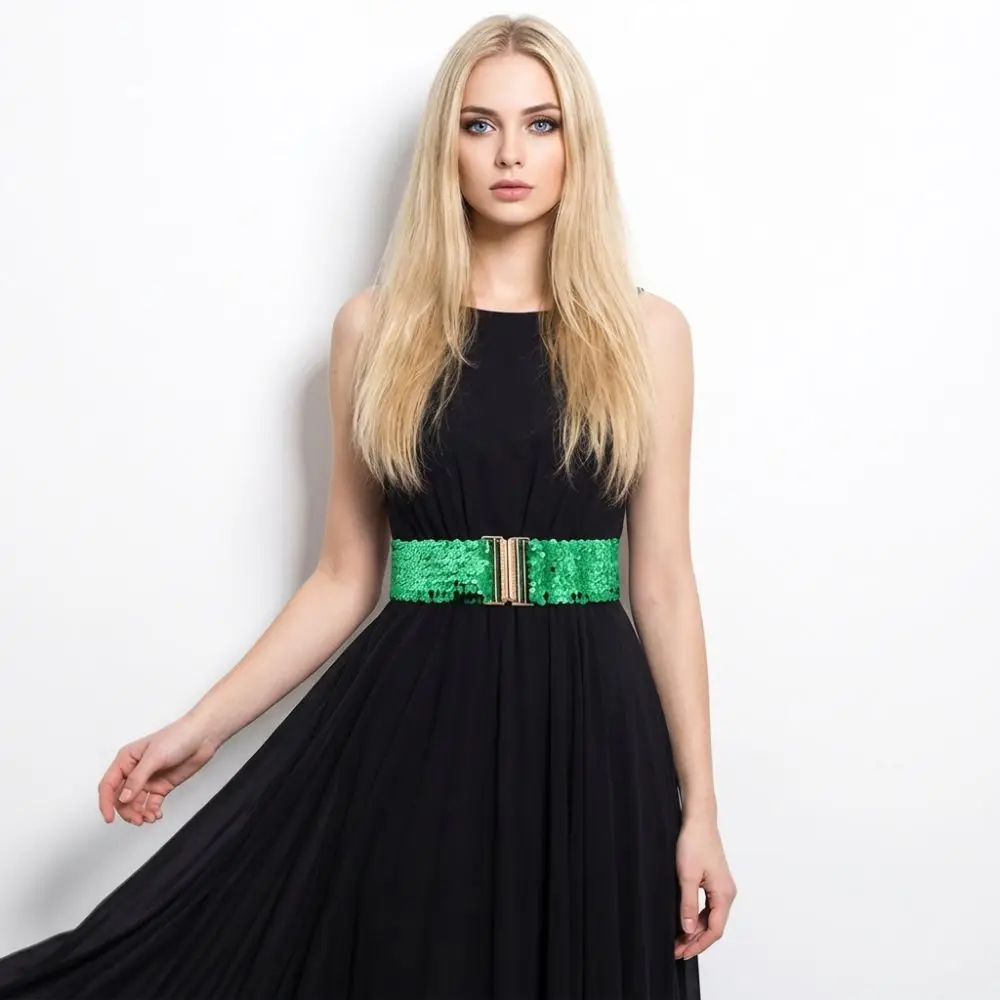 60cm Elastic Sequin Stretch Belt Gold Buckle Disc Eye Catching Shinny Waistband Versatile Professional Women's Belt Dresses