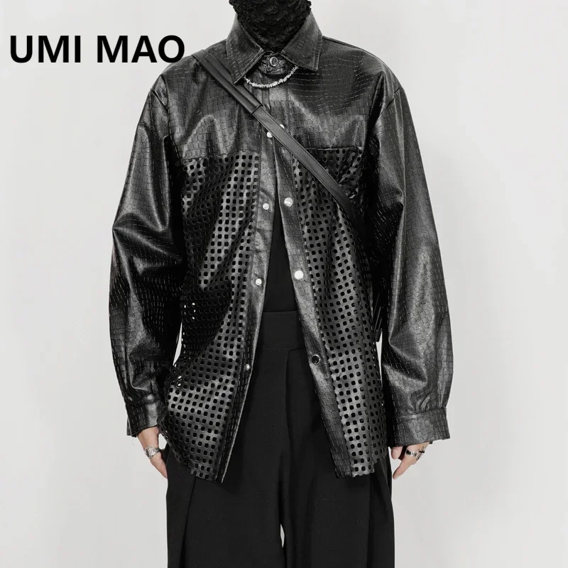 UMI MAO Autumn New Shirt Men\'s Top Large And Small Design Hollow Out Nightclub Loose Long Sleeve Imitation Leather Shirt