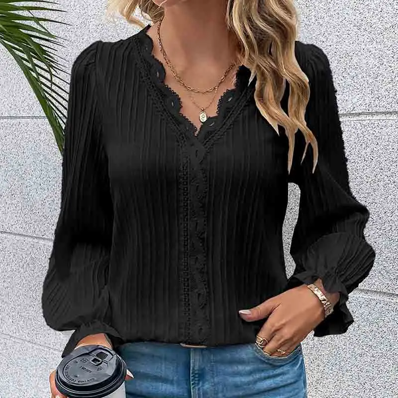 Elegant Green Office Lady Long Sleeve Shirts Fashion Black Blouse Spring Autumn V-neck Lace Tops Blouse for Women 2024 New Tees