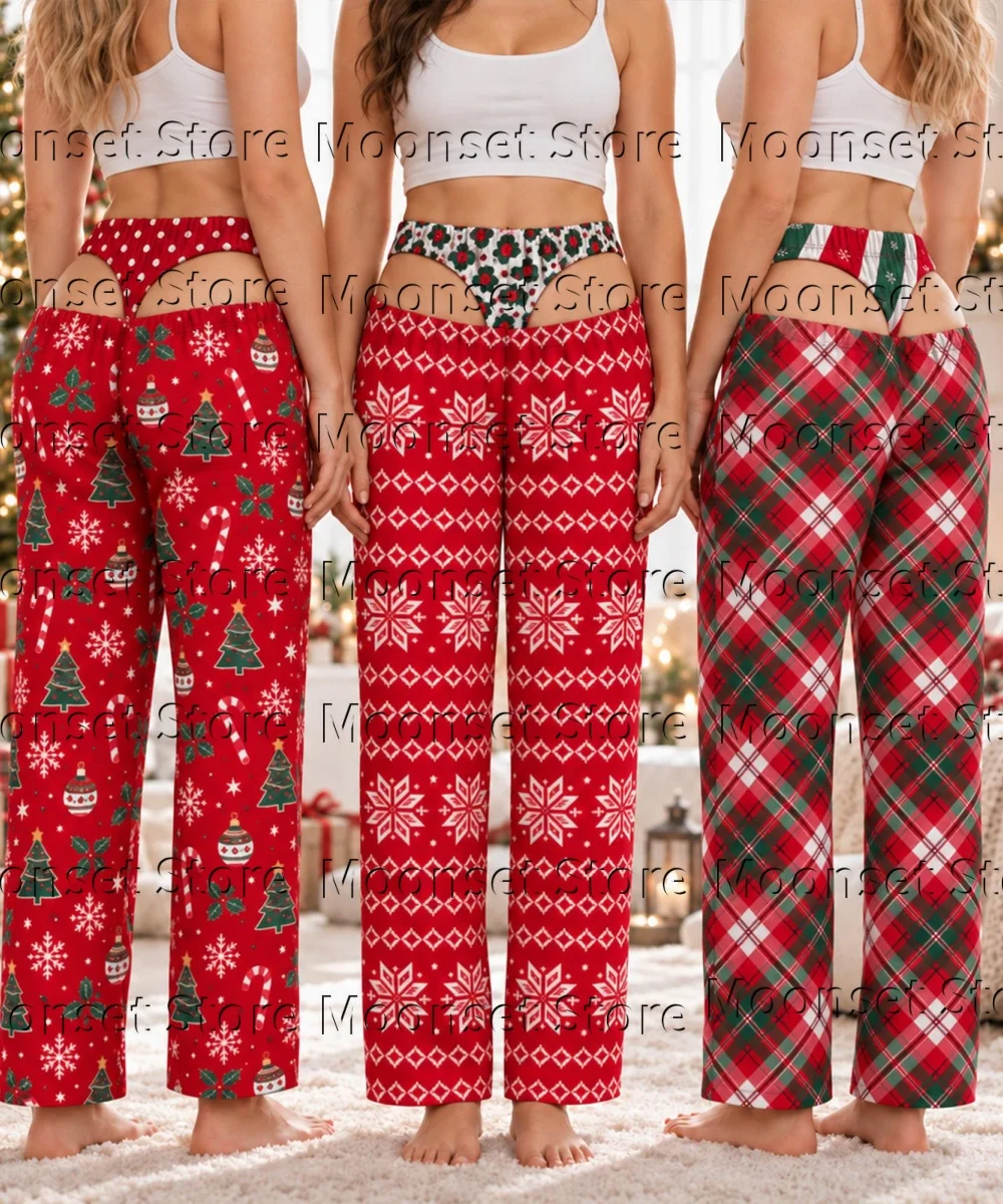 Women Funny Christmas Back Cutout Pajama Pants Xmas Tree Snowflake Plaid Open Rear Sleep Trousers Novelty Milk Silk Loungewear