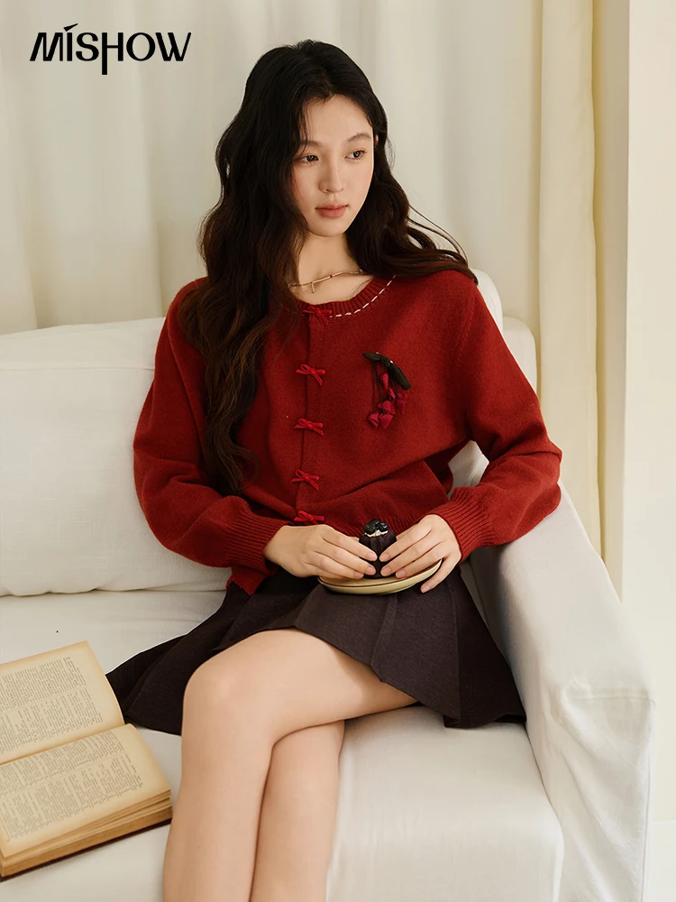 

MISHOW Рождественский мягкий вязаный кардиган с осенним бантом и планкой в стиле ретро с брошью и рукавами-фонариками, свитера с круглым вырезом, однотонный топ MXE45Z1377