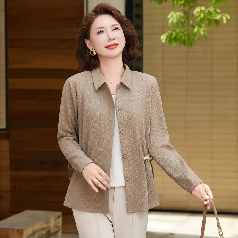 Middle Aged Women Turn Collar Coat Spring Autumn Plus Size Pearl Decor Drawstring Casual Cardigan Outerwear S 5XL