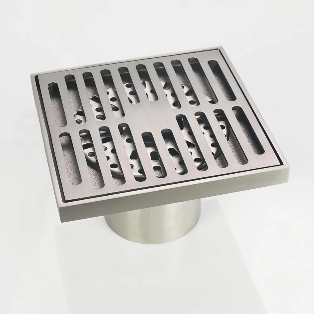

Brass Square Floor Drain Four Inch Removable Strainer Brushed Nickel Finish