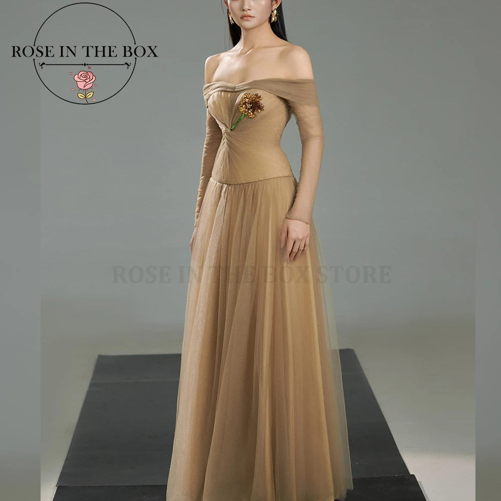 ROSEINTHEBOX Abiti da sera eleganti personalizzati con spalle scoperte color talpa Maniche lunghe Abiti da festa eleganti a trapezio floreali realizzati a mano