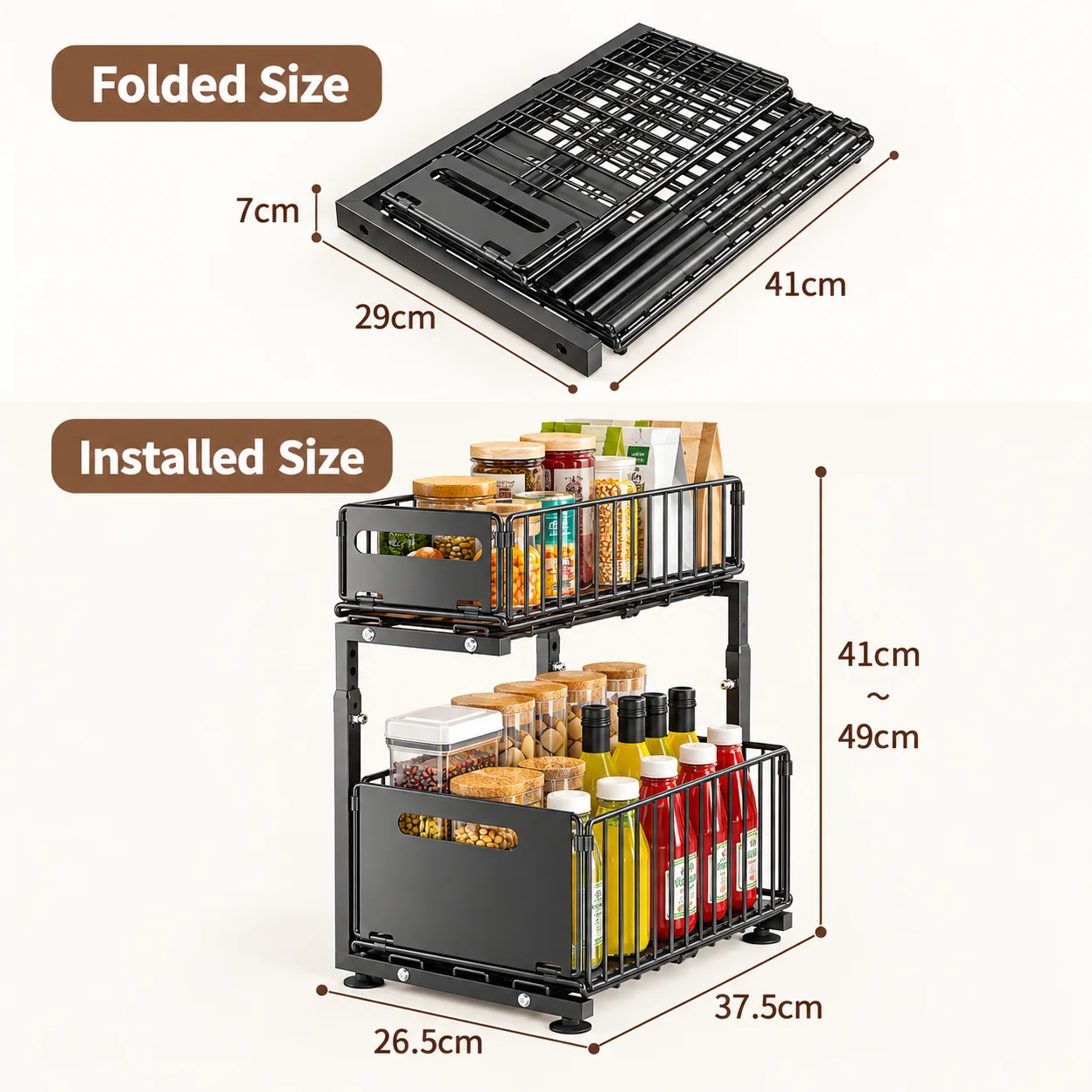 2 Tier Pull Out Under Sink Organizer Adjustable Height Metal Sliding Basket Cabinet Storage Rack for Kitchen Bathroom Pantry