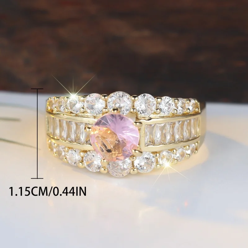 2026 New European and American Heavy Industry Gold Powder Zircon Ring, Ladder Square Broken Diamond Full Inlaid Jewelry