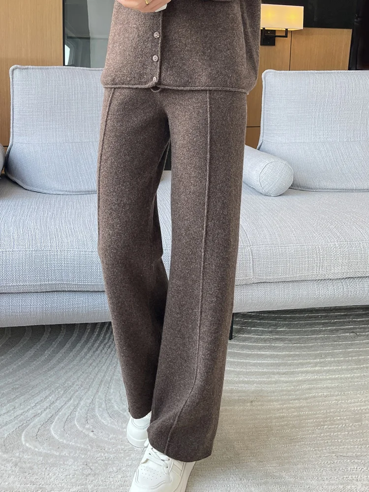 New Women Wide-Leg Pants 100% Merino Wool Quality Soft Thick Warm Trousers Autumn Winter Casual Knitted Elastic Waist Slacks