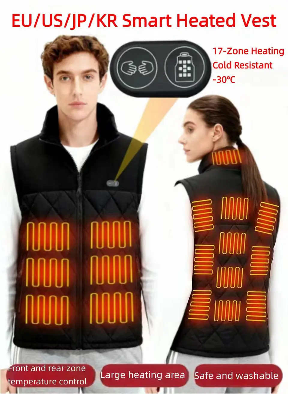 Dual-control 17-zone heating vest with independent front and back temperature control, ideal for cold-weather outdoor fishing, c