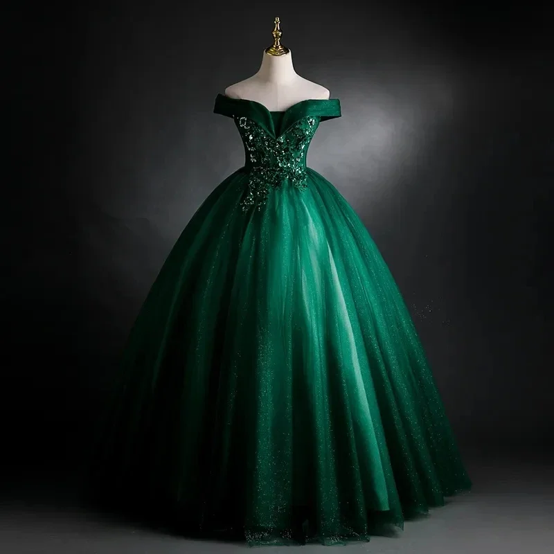 

Зеленое бальное платье с открытыми плечами, платья Quinceanera для 15-го вечеринки, блестящая аппликация, формальный маскарад, день рождения, новинка 2023 года