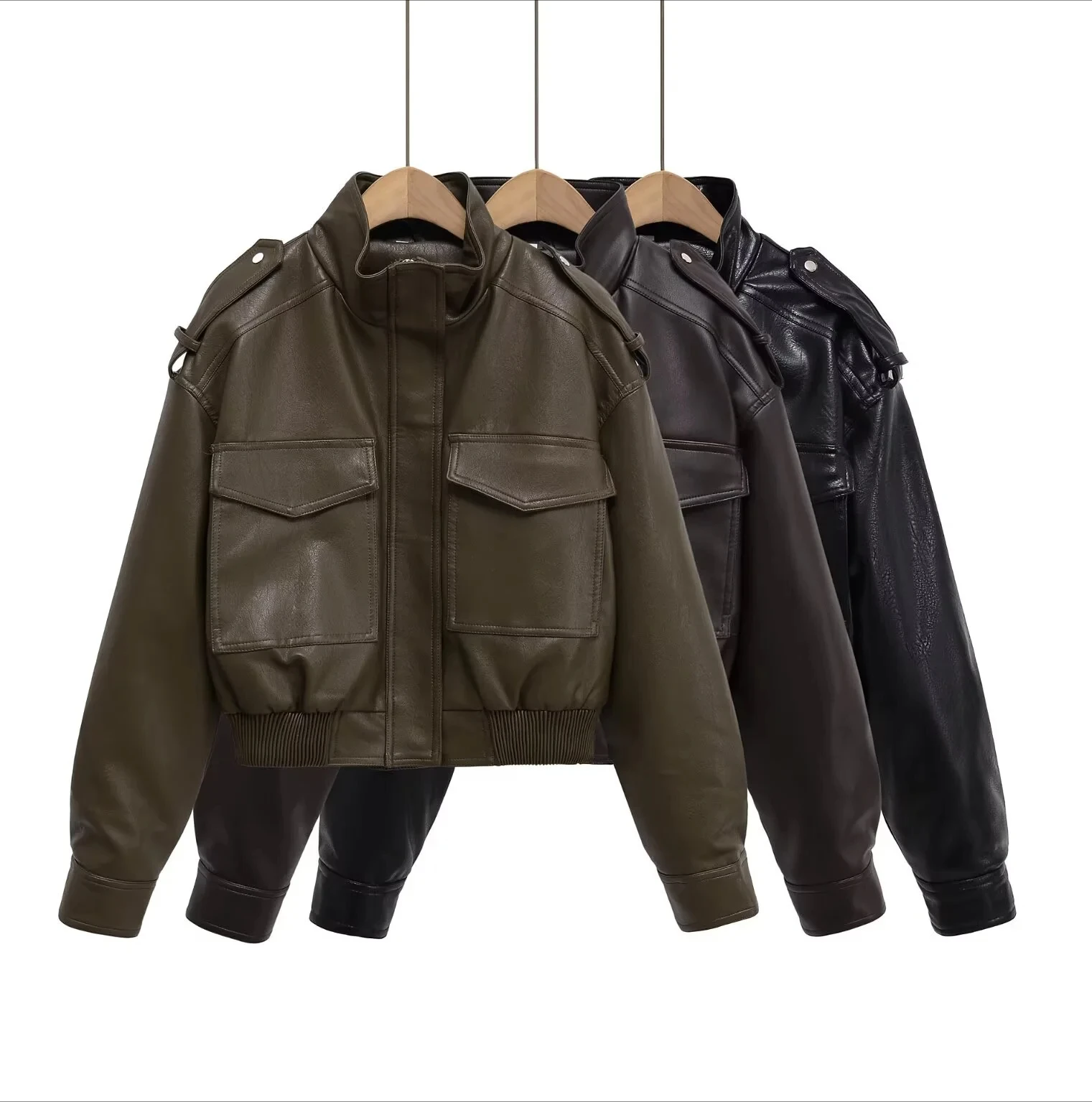 سترة نسائية جديدة بجيب كبير وسحاب وياقة واقفة من الجلد المقلد فضفاضة بأكمام طويلة