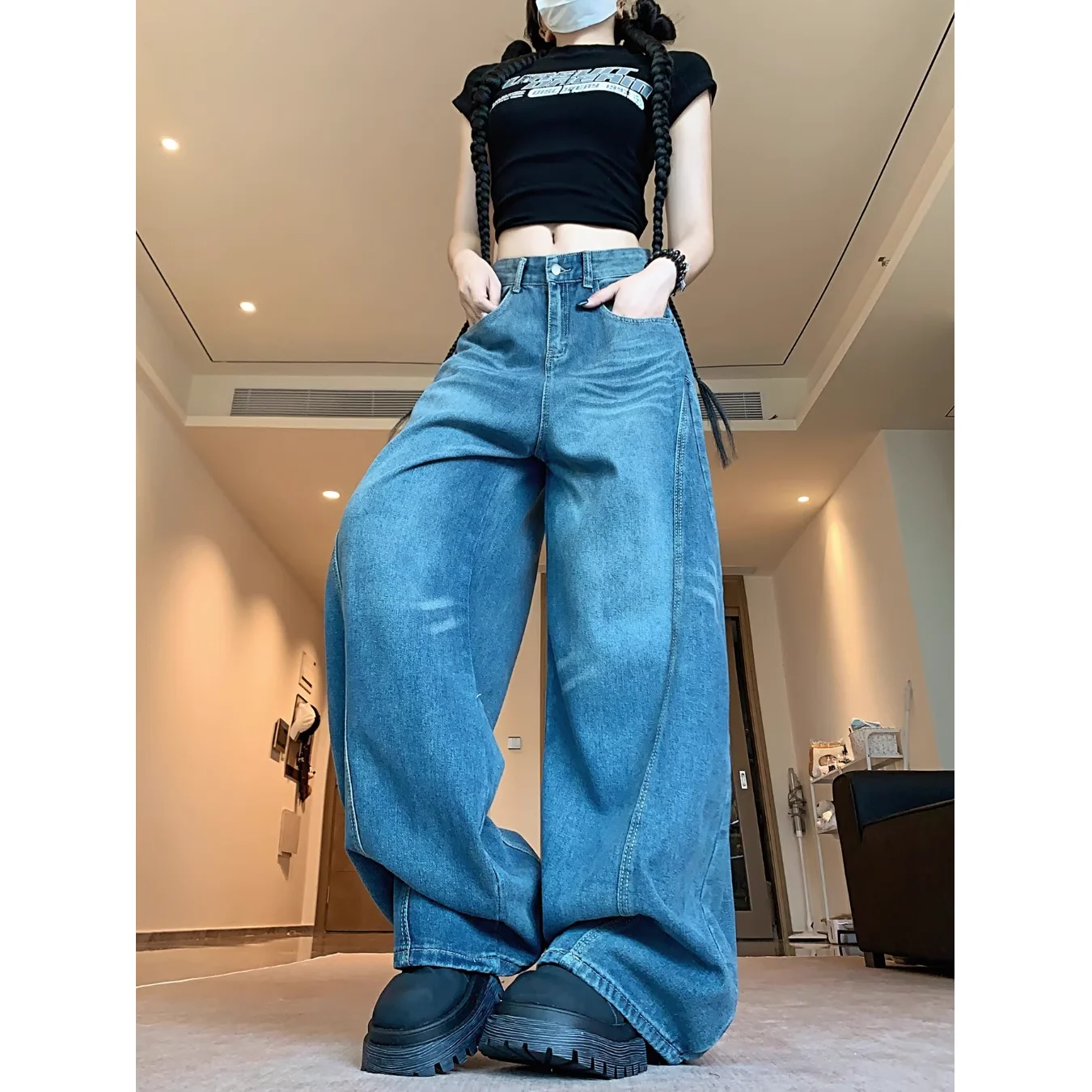 

Washed retro blue curved knife jeans American street loose wide leg pants trendy brand high street