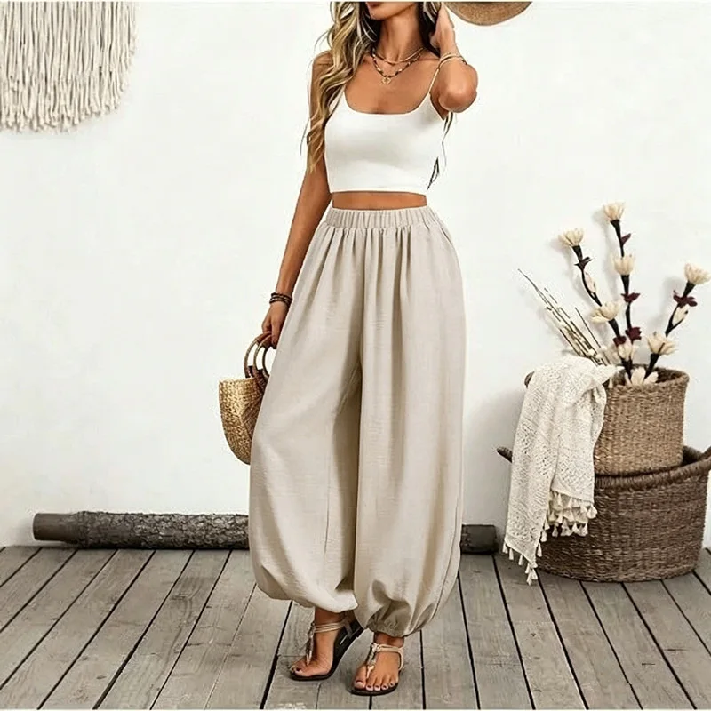 Women Beach Vaion High Waist Elastic Pocket Linen Loose Lantern Casual Trousers
