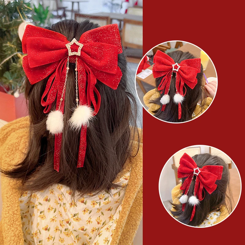 New Red Velvet Big Bow Girls New Year Hair Accessories Net Red Pompon Streamer Hairpin Christmas New Year Decorative Pendant